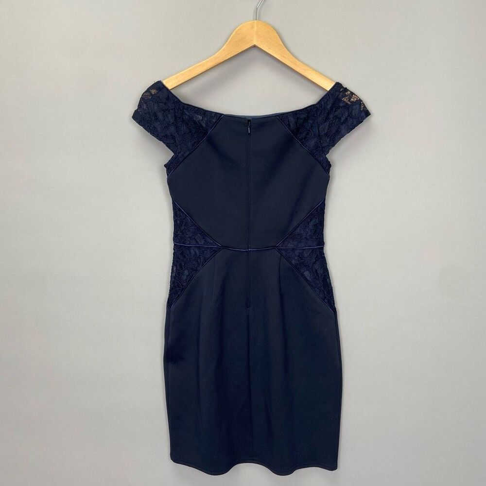 $288 Sho by Tadashi Shoji Women's Dark Blue Lace Cutout Short Sleeve MIDI Dress - Picture 4 of 8
